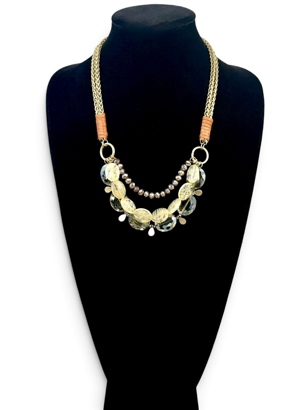 Leslie Danzis Chunky Stone Leather-Accent Statement Necklace Cream & Brown | NWT
